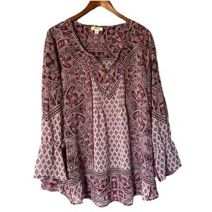 Women's Style Co Long Sleeve Purple Sheer Blouse Size 3X Romantic Hearts Paisley